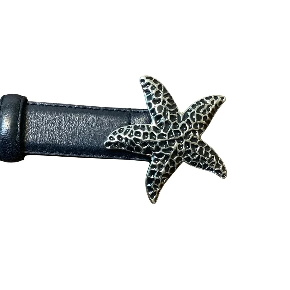 Talbots‎ Womens Navy Leather Starfish Buckle Belt Nautical Silver Tone Size M